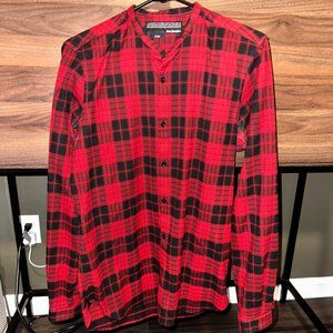 The Kooples Plaid Print Button Down Mandarin Collar - Red/Black Plaid - Small